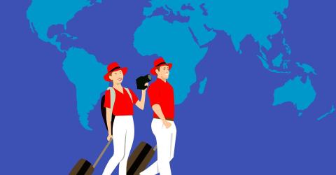 Illustration Man und Frau vor Weltkarte