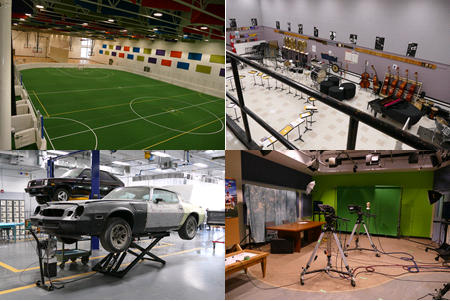 Sporthalle, Musikraum, Autowerkstatt, Filmstudio in kanadischen Schulen